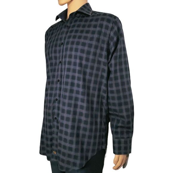 Men’s Thomas Dean Gray And Blue Plaid Button Down Shirt Size Large Flip Cuff - Picture 2 of 5
